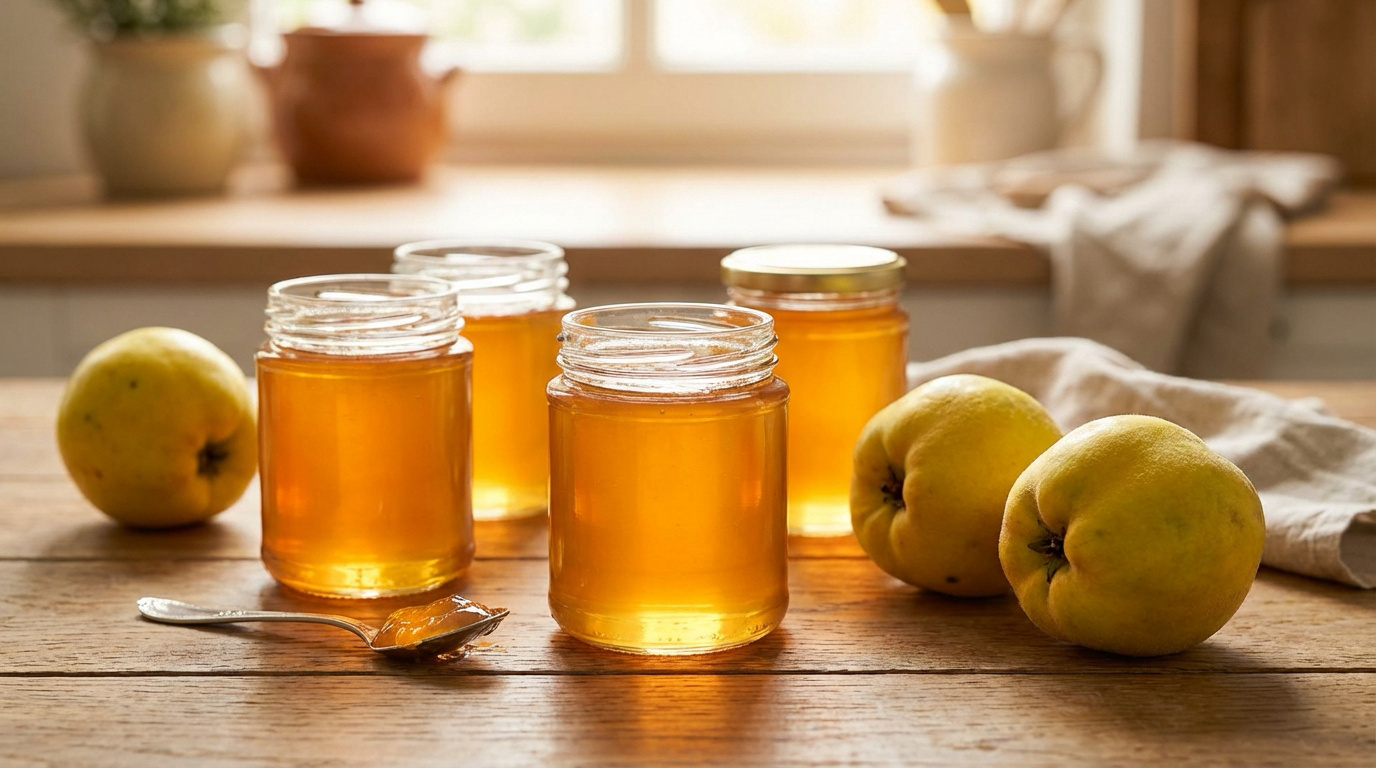 Quatre bocaux de gelée de coing dorée, une cuillère avec de la gelée et trois coings frais sur une table en bois.