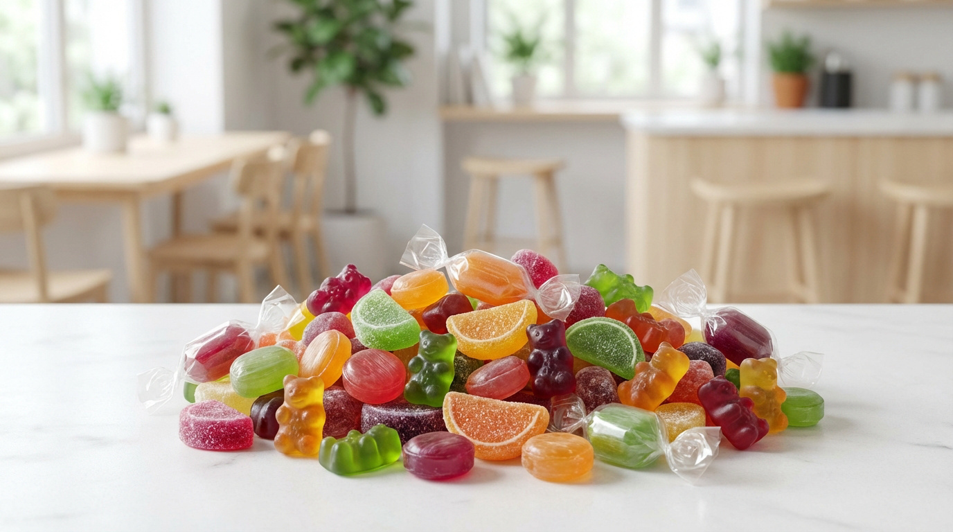 Vue rapprochée d'un assortiment de bonbons colorés (gélifiés, emballés, tranches) sur une table de cuisine lumineuse.