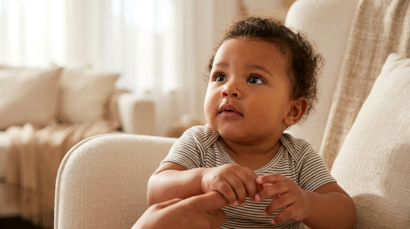 Gros plan sur un bébé métis aux yeux grands ouverts, tenant la main d'un adulte dans un intérieur clair et chaleureux.