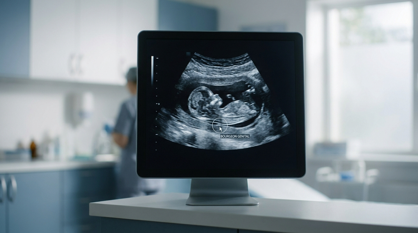 Écran d'ordinateur affichant une échographie fœtale avec le bourgeon génital mis en évidence par un curseur. Arrière-plan flou d'une salle médicale.