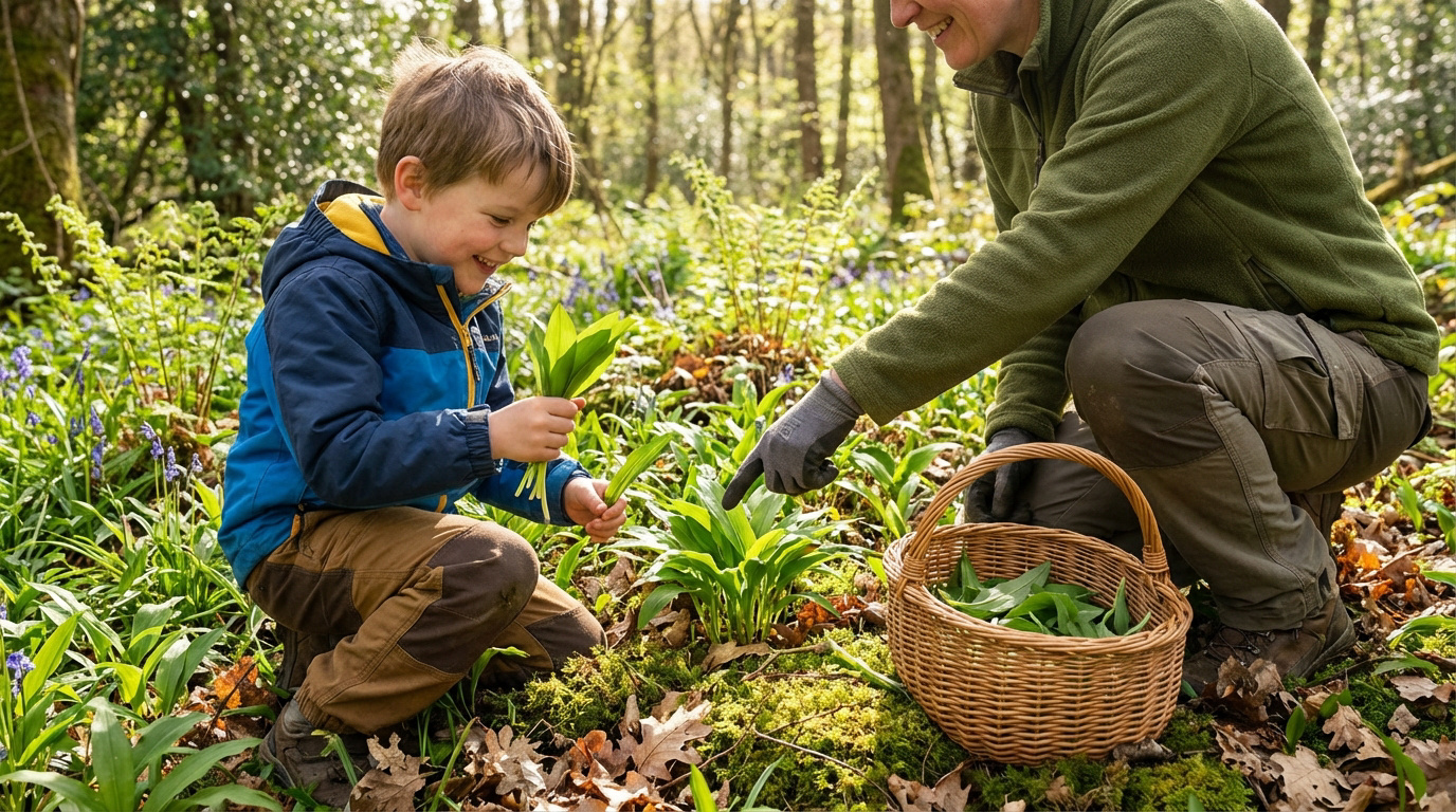 Un enfant souriant et un adulte cueillent de l'ail des ours dans une forêt printanière, un panier rempli à leurs côtés.
