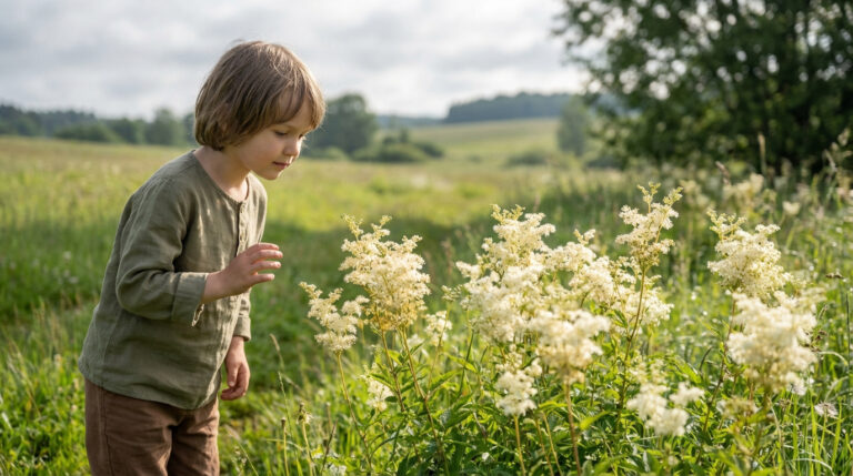 Jeune garçon aux cheveux blonds observant attentivement des fleurs blanches de Reine des prés dans un champ verdoyant sous un ciel nuageux.
