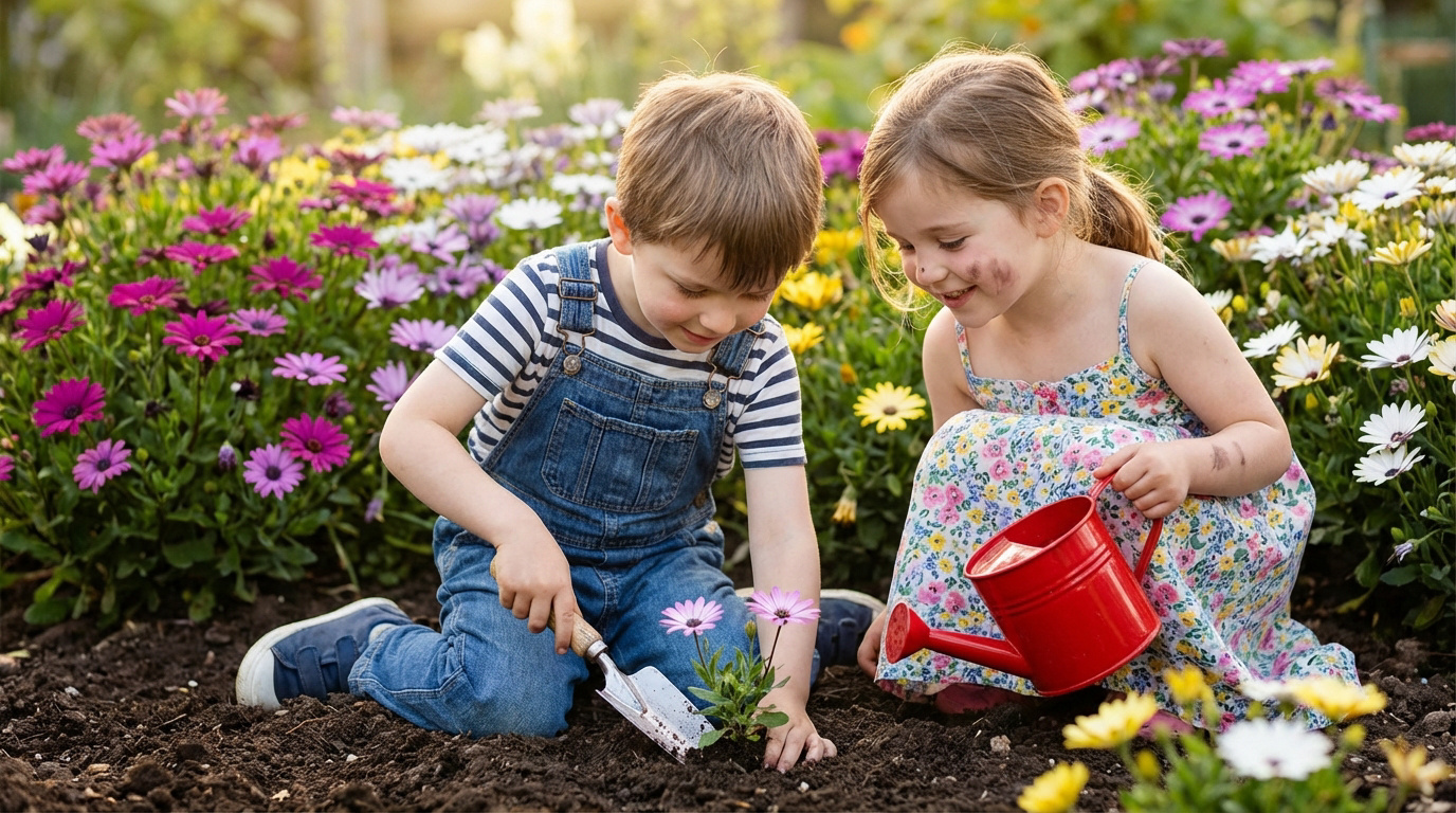 Deux enfants jardinent. Le garçon plante un osteospermum violet avec une pelle, la fille, le visage sali, tient un arrosoir rouge.