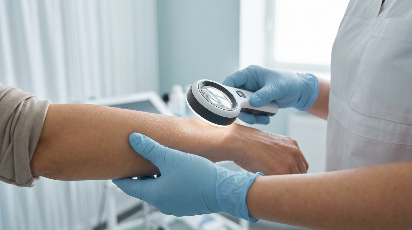 Un professionnel de santé avec des gants bleus examine le bras d'un patient à l'aide d'un dermatoscope lumineux pour un dépistage cutané.