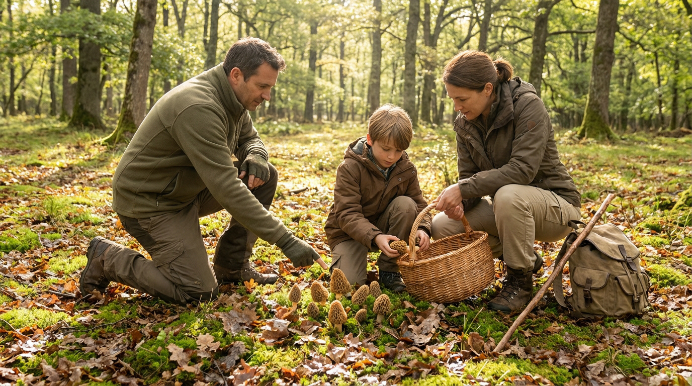 Une famille (homme, femme, enfant) cueille des morilles dans une forêt ensoleillée. L'enfant met une morille dans un panier.