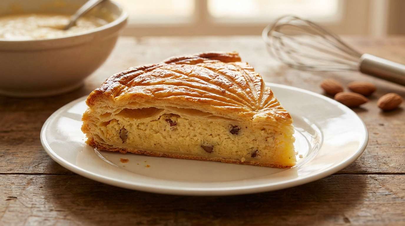 Part de galette des rois à la frangipane sur une assiette blanche. Un bol, un fouet et des amandes sont en arrière-plan.