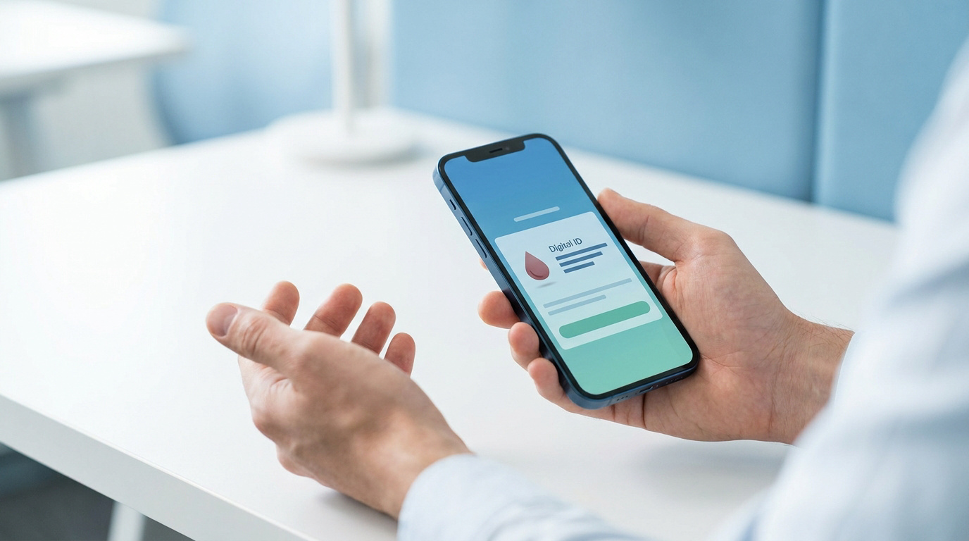 Une personne tient un smartphone affichant une application d'ID numérique avec une goutte de sang, sur une table blanche.