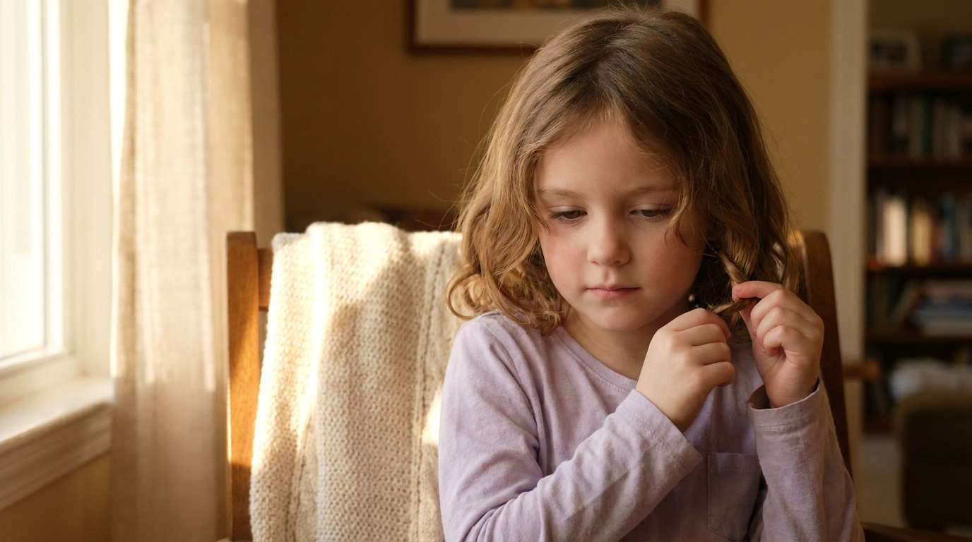 Une jeune fille aux cheveux bouclés examine pensivement une mèche de ses cheveux, assise près d'une fenêtre ensoleillée.