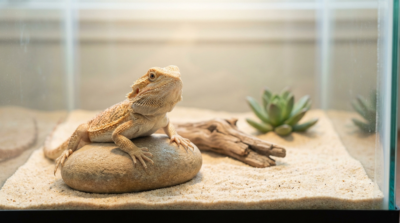 Jeune pogona barbu beige sur une pierre dans un terrarium en verre. Substrat de sable, bois flotté et succulente en arrière-plan.