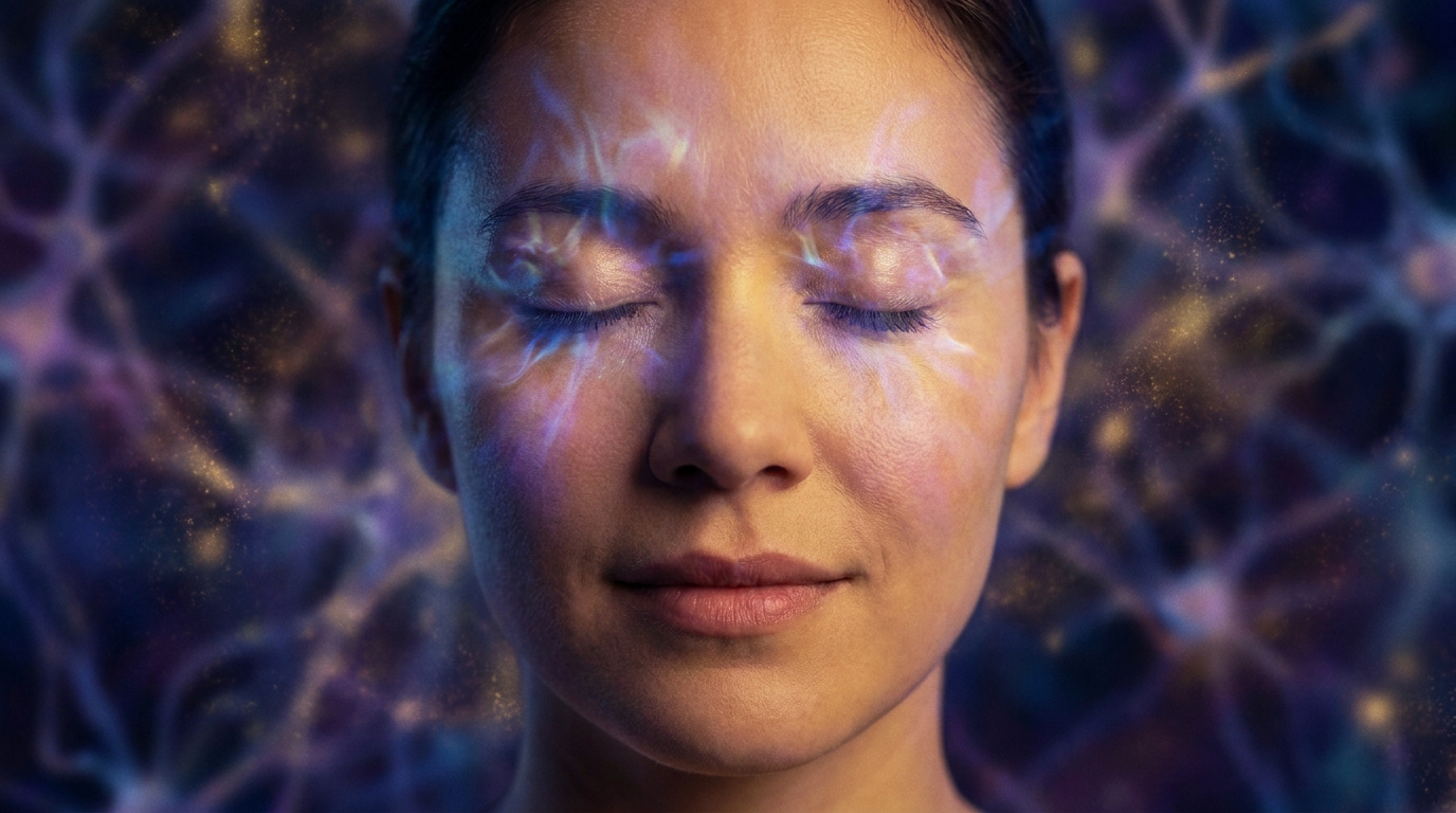 Gros plan sur le visage d'une femme aux yeux fermés, des motifs lumineux évoquant des neurones brillent sur sa peau et en arrière-plan.