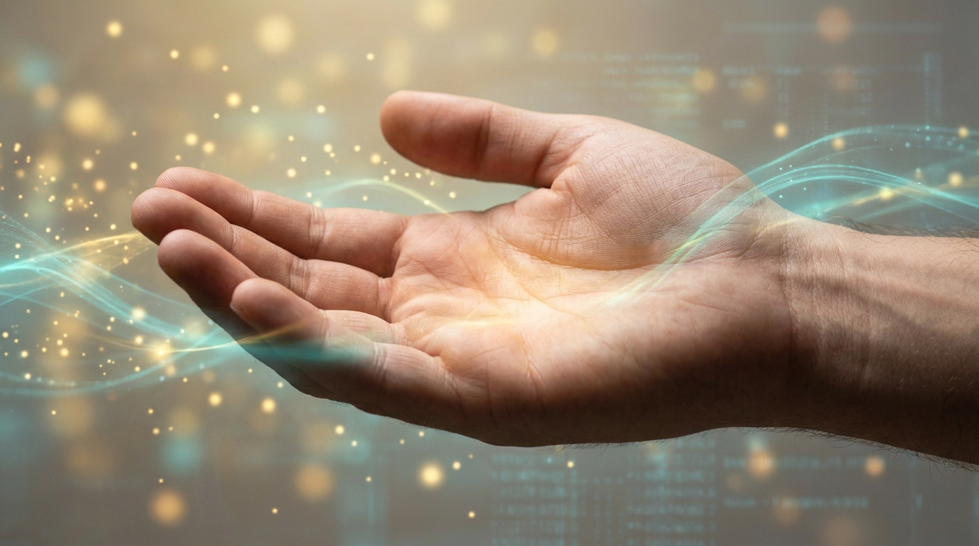Une main ouverte captant une énergie lumineuse et des données, symbolisant l'interface entre la vitalité et la technologie moderne.