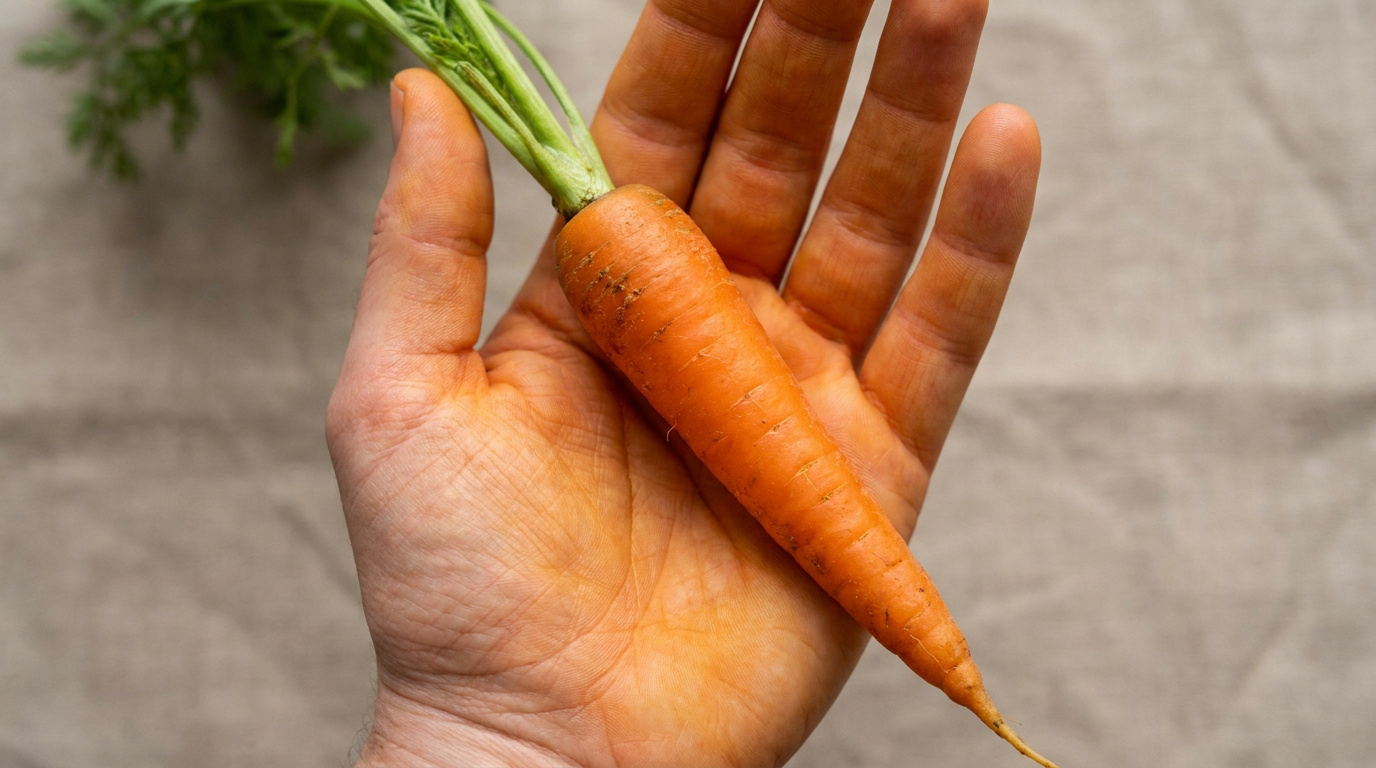 Gros plan sur une main montrant une coloration orangée de la paume et des doigts, tenant une carotte fraîche avec ses fanes.