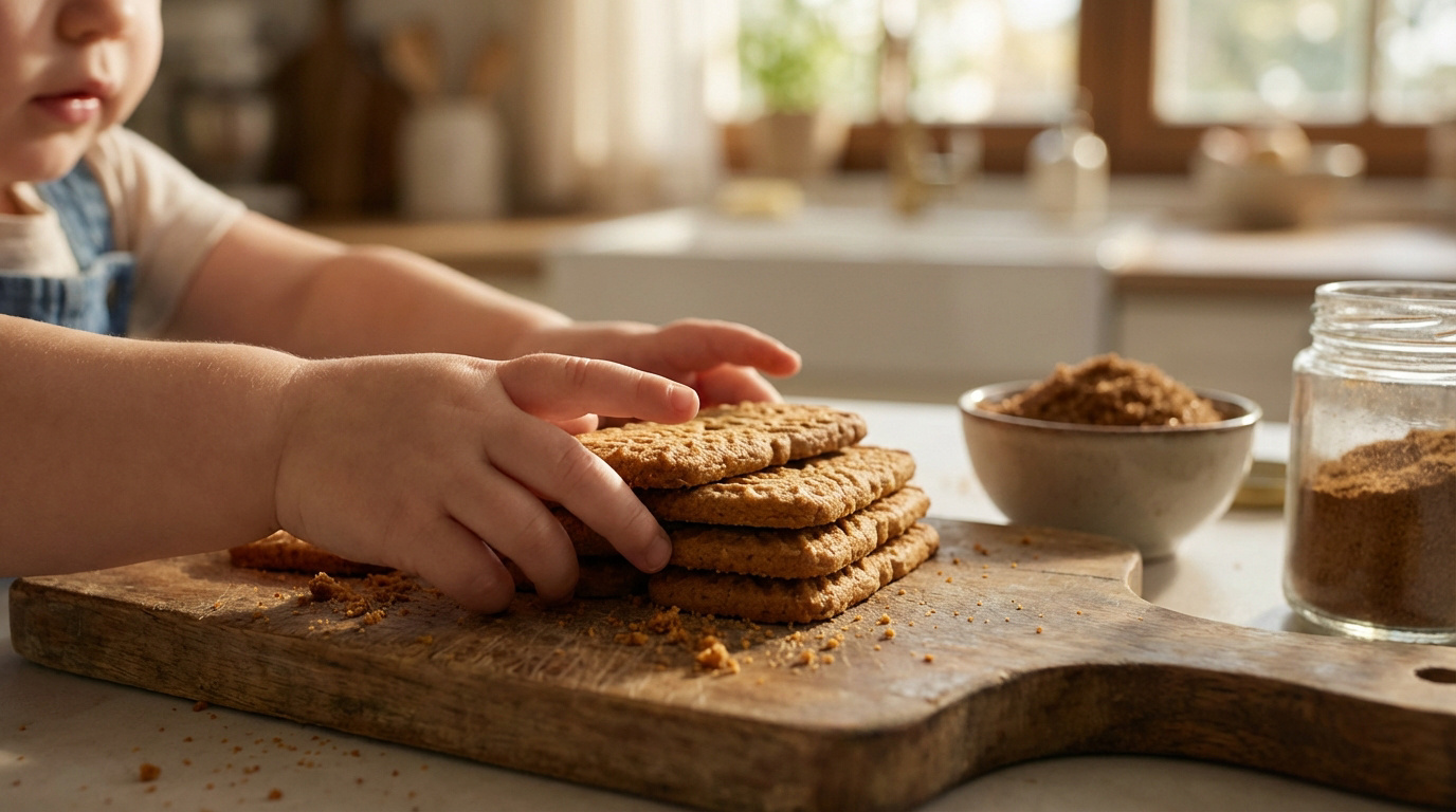 Gros plan sur les mains d'un enfant saisissant des spéculoos sur une planche en bois. Des épices sont visibles en arrière-plan.