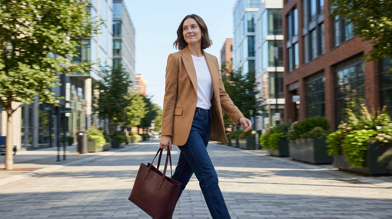 Femme élégante en blazer marron, jean et sac bordeaux, marchant avec confiance dans une rue urbaine moderne.