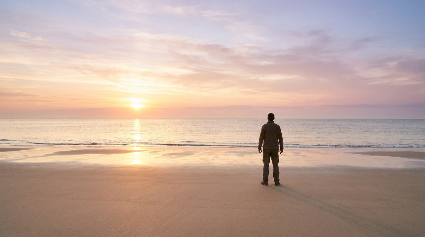 Vue de dos d'un homme seul sur une plage déserte, contemplant le lever du soleil sur l'océan. Ciel pastel et reflets dorés.