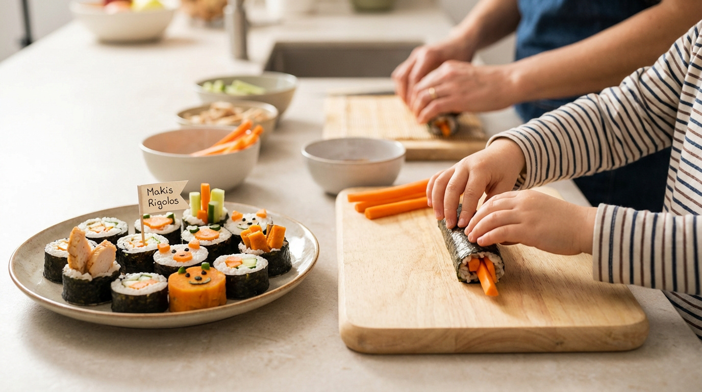 Gros plan sur un enfant et un adulte qui roulent des makis colorés sur une planche à découper, avec une assiette de makis rigolos.