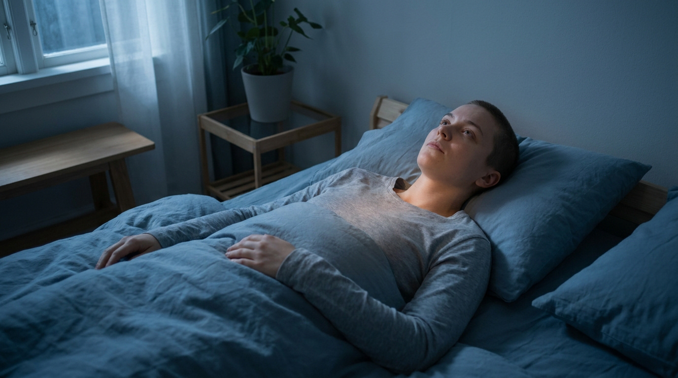 Une personne allongée dans un lit, éveillée dans l'obscurité, regardant vers le haut, visiblement pensive ou souffrant d'insomnie.