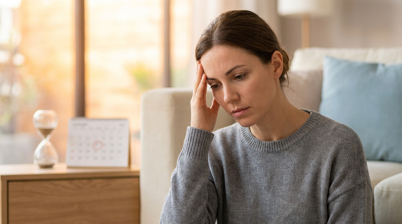 Femme pensive en pull gris, la main sur la tête, près d'un sablier et d'un calendrier avec une date cerclée, l'air préoccupé.