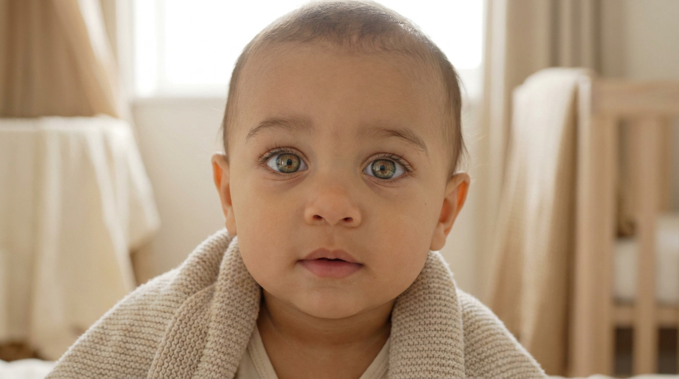 Gros plan sur un bébé métis aux grands yeux verts-noisette vifs et à la peau claire, enveloppé dans une couverture beige.