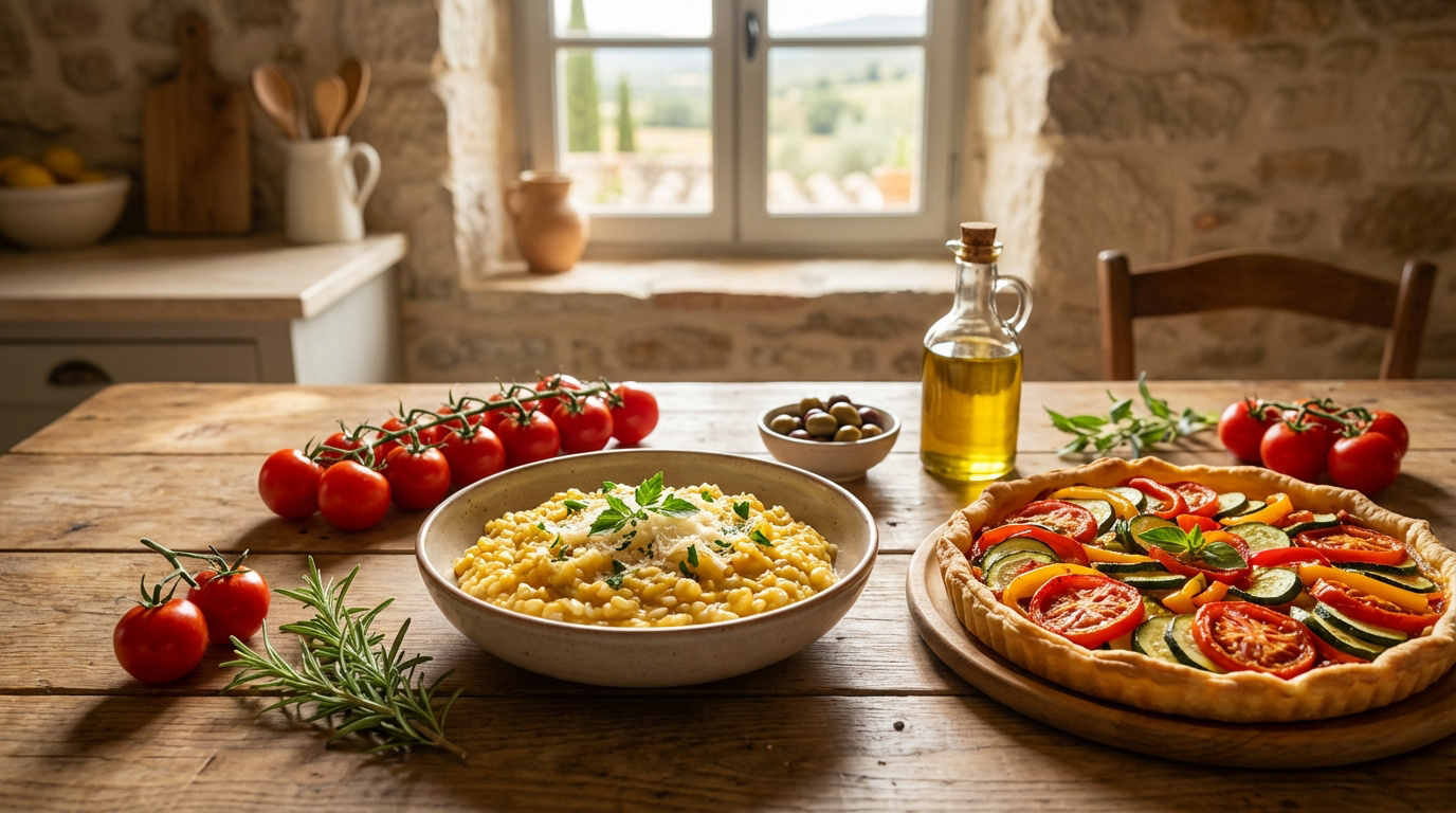 Table en bois avec risotto, tarte de légumes (tomates, courgettes), tomates cerises, olives, huile d'olive. Cuisine rustique ensoleillée.