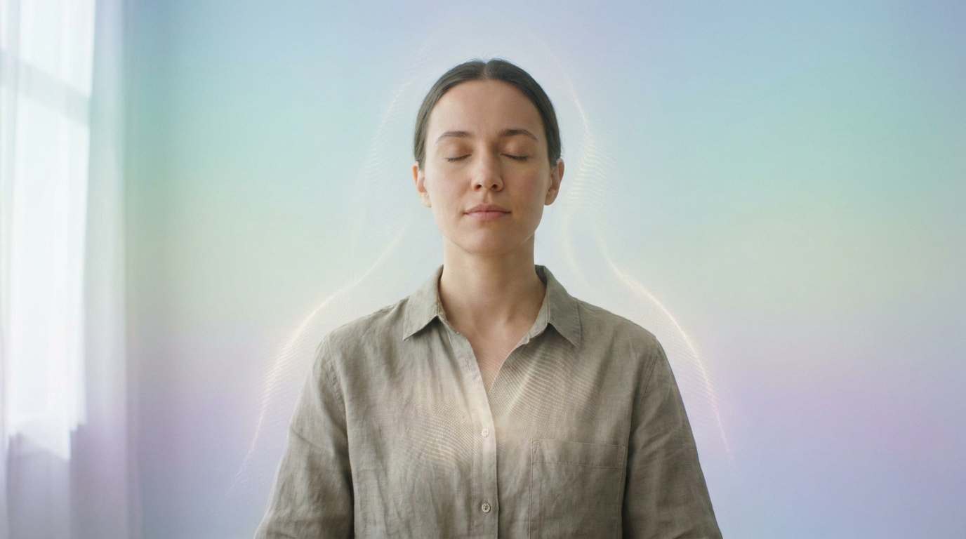 Femme méditant les yeux fermés, des ondes lumineuses émanent de son corps, sur un fond dégradé de couleurs douces.