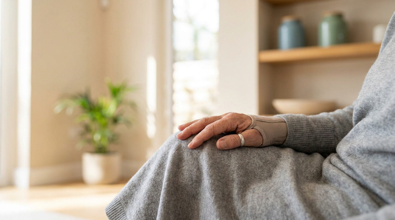 Gros plan sur la main âgée d'une personne portant une attelle beige et une bague, reposant sur un genou en tissu gris.