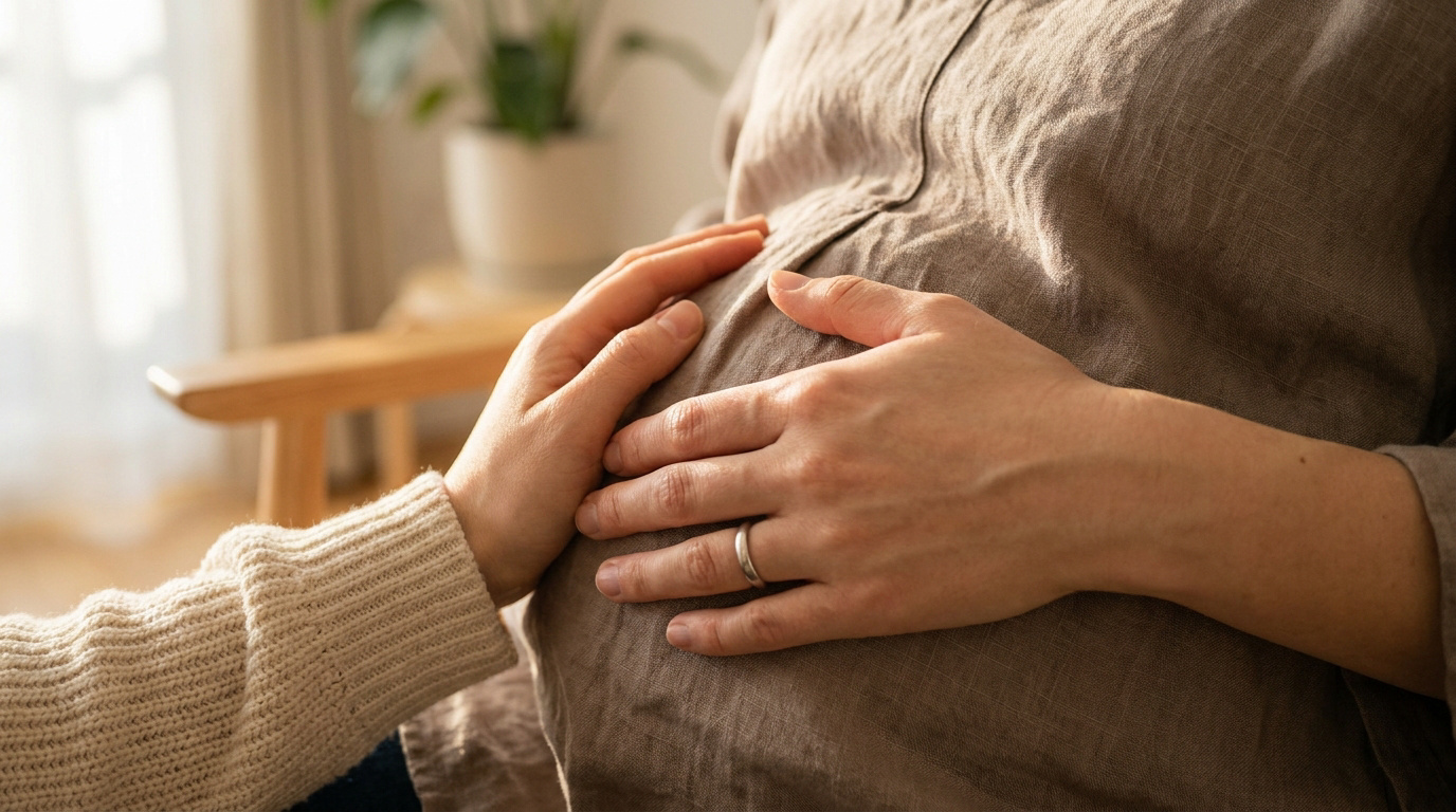 Une main caresse le ventre d'une femme enceinte, où se trouve déjà l'autre main portant une alliance, dans un intérieur lumineux.