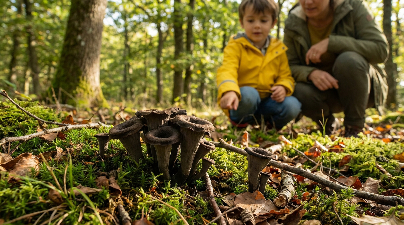 Champignons trompettes de la mort au premier plan. Un enfant et un adulte les regardent, accroupis en forêt.